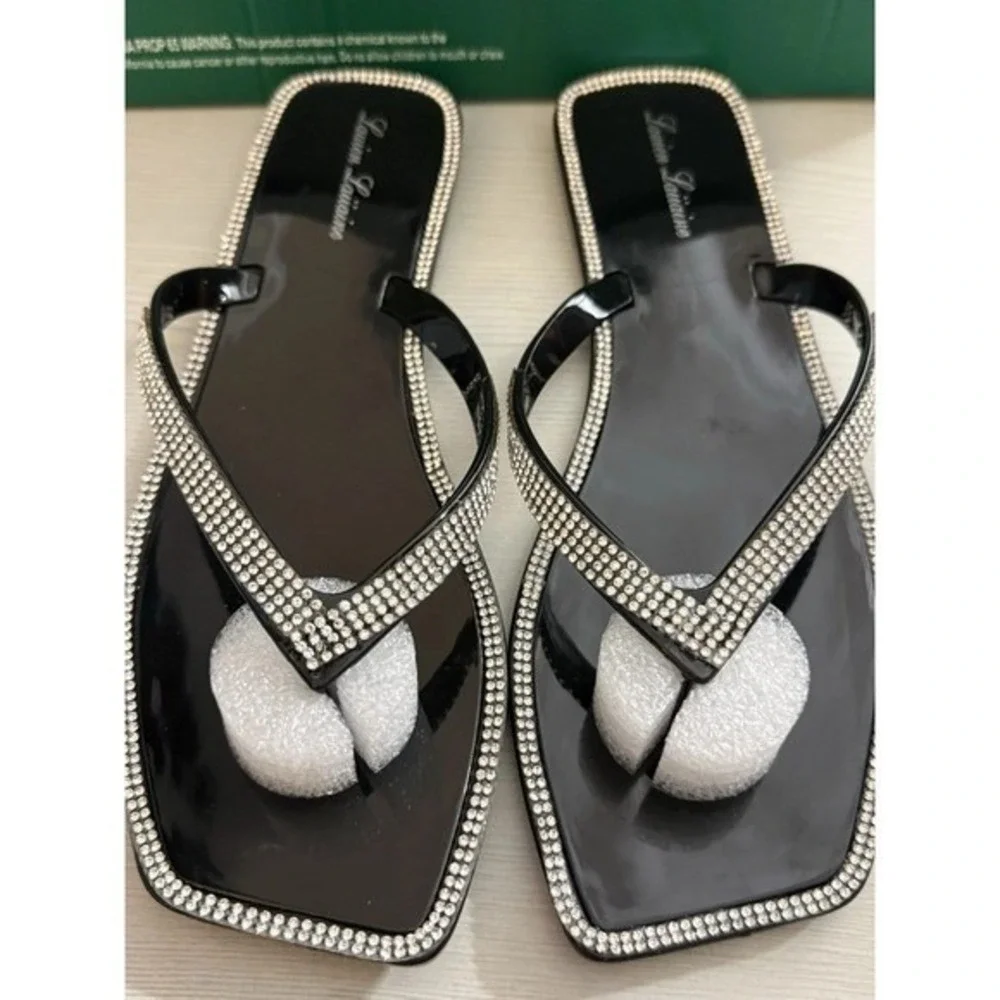 Lauren Lorraine Women's Black Rhinestone Thong Sandals‎ Shoes Sz 7.5/ #S2610
